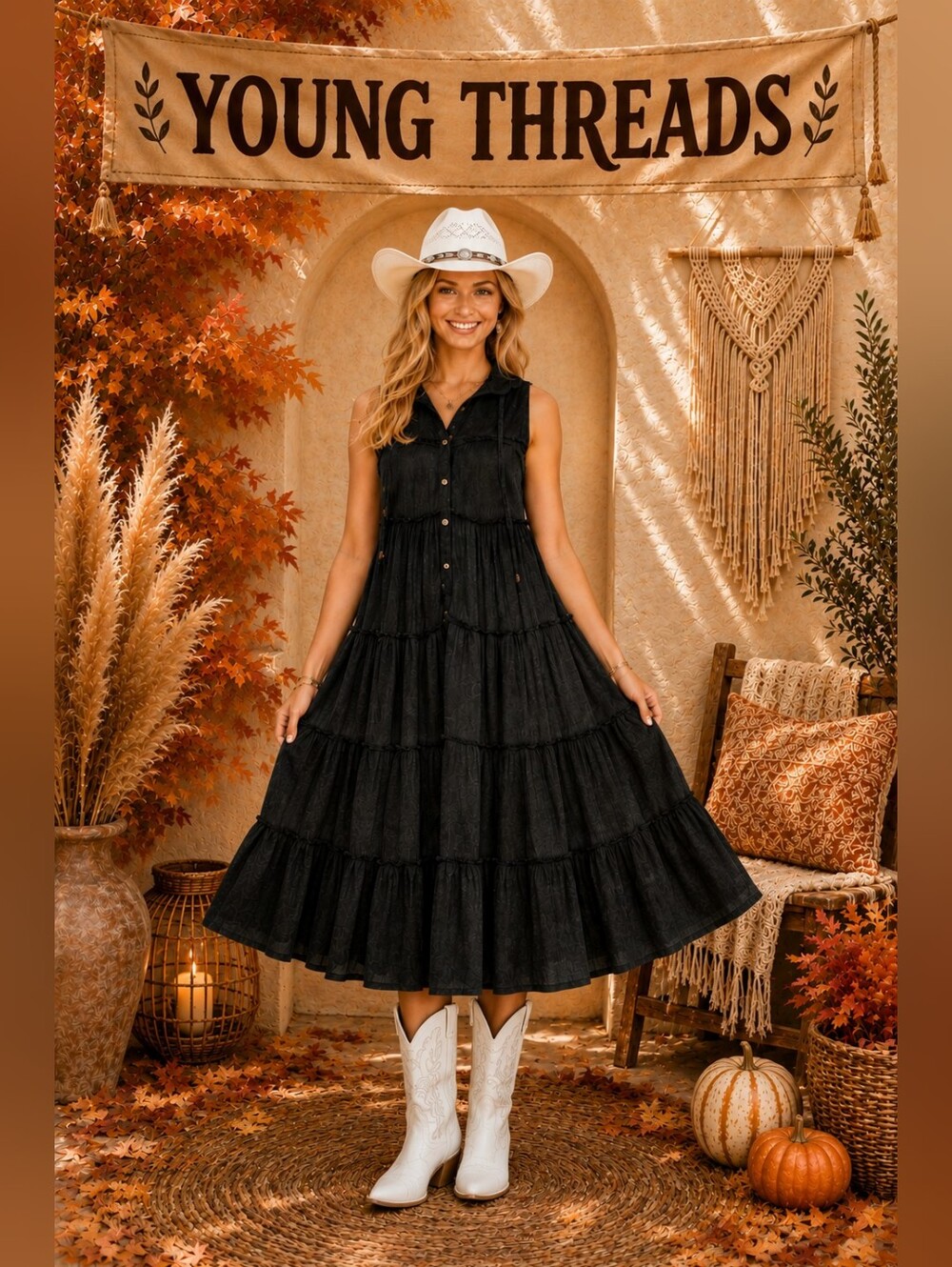 407 Young Threads Black Sleeveless Tiered Midi Dress